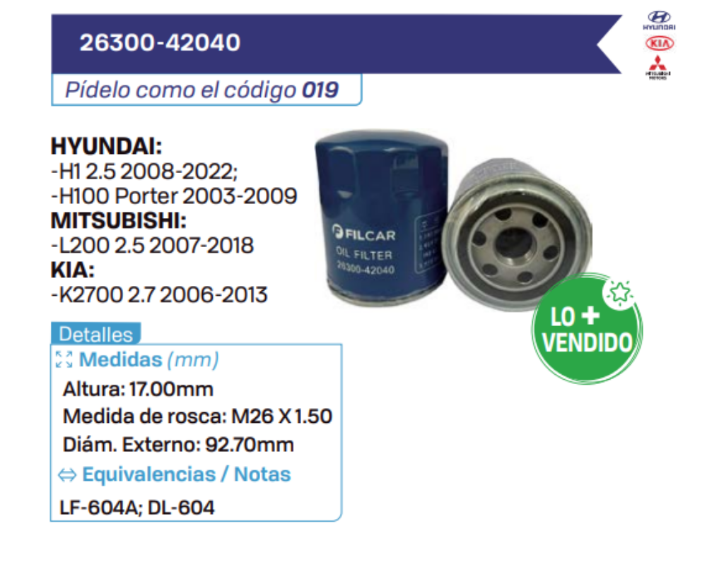 26300-42040 Filtros de aceite HYUNDAI - MITSUBISHI - KIA