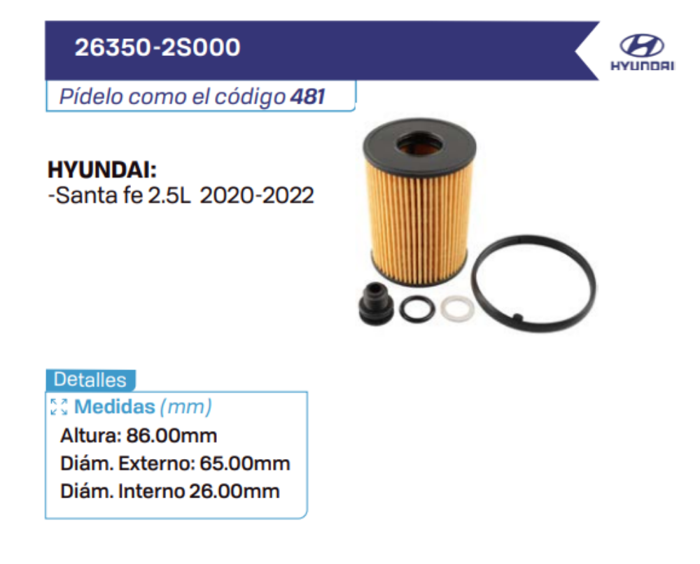 26350-2S000 Filtros de aceite HYUNDAI