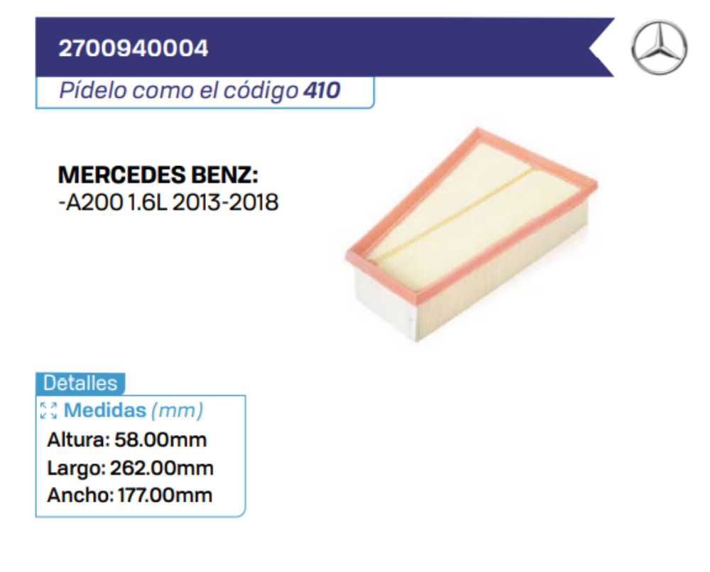 2700940004 Filtros de Aire MERCEDES BENZ