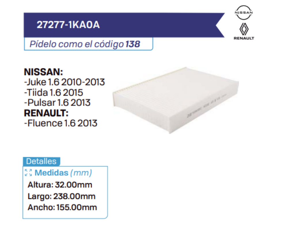 27277-1KA0A Filtros de cabina NISSAN - RENAULT