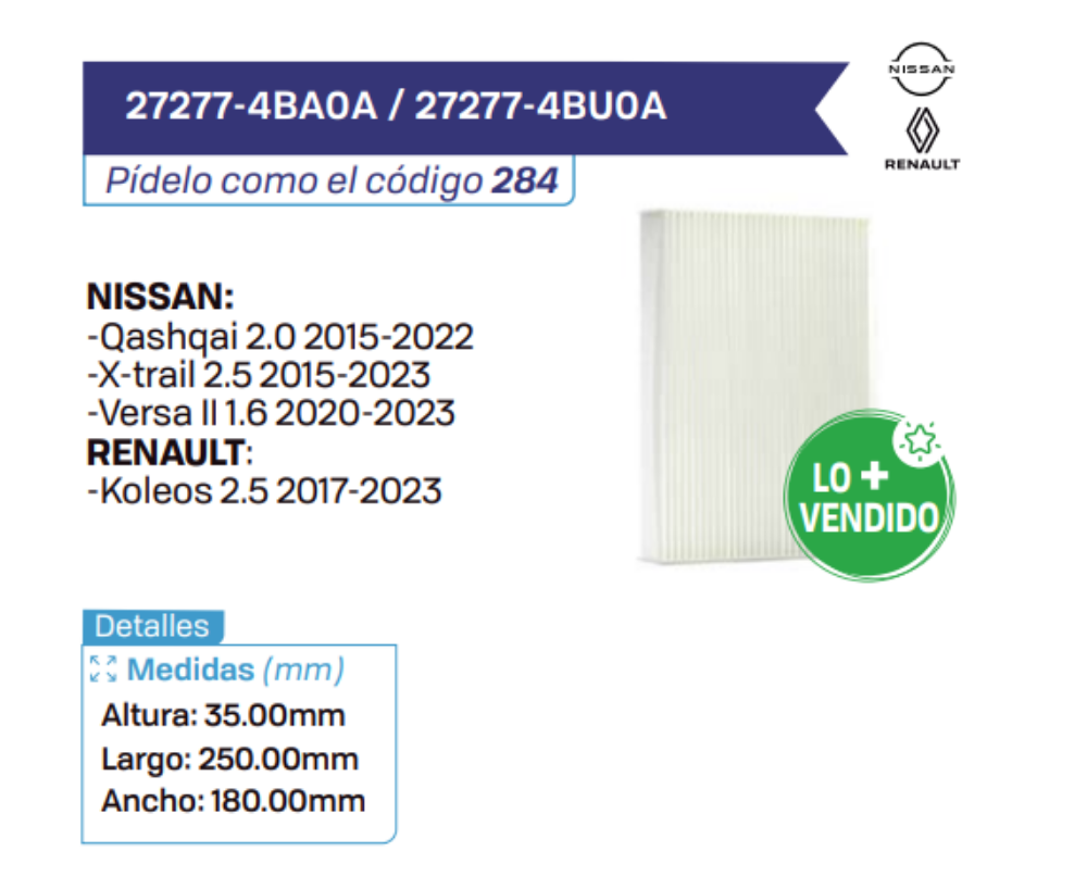 27277-4BA0A _ 27277-4BU0A Filtros de cabina NISSAN - RENAULT