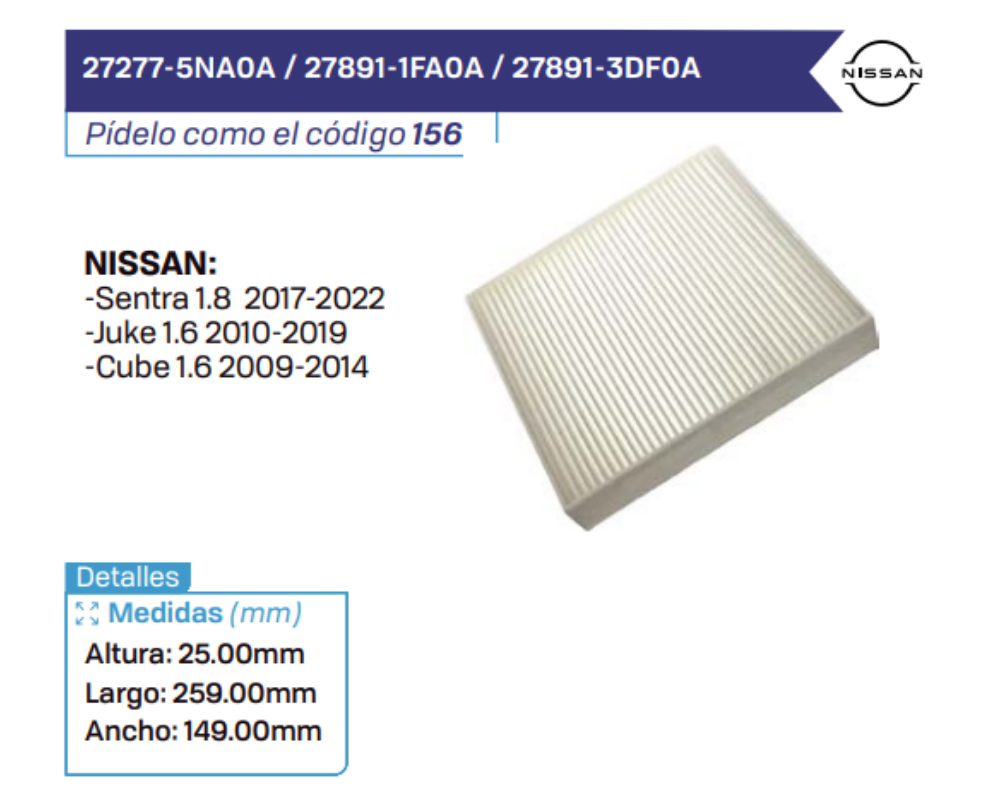 27277-5NA0A _ 27891-1FA0A _ 27891-3DF0A Filtros de cabina NISSAN
