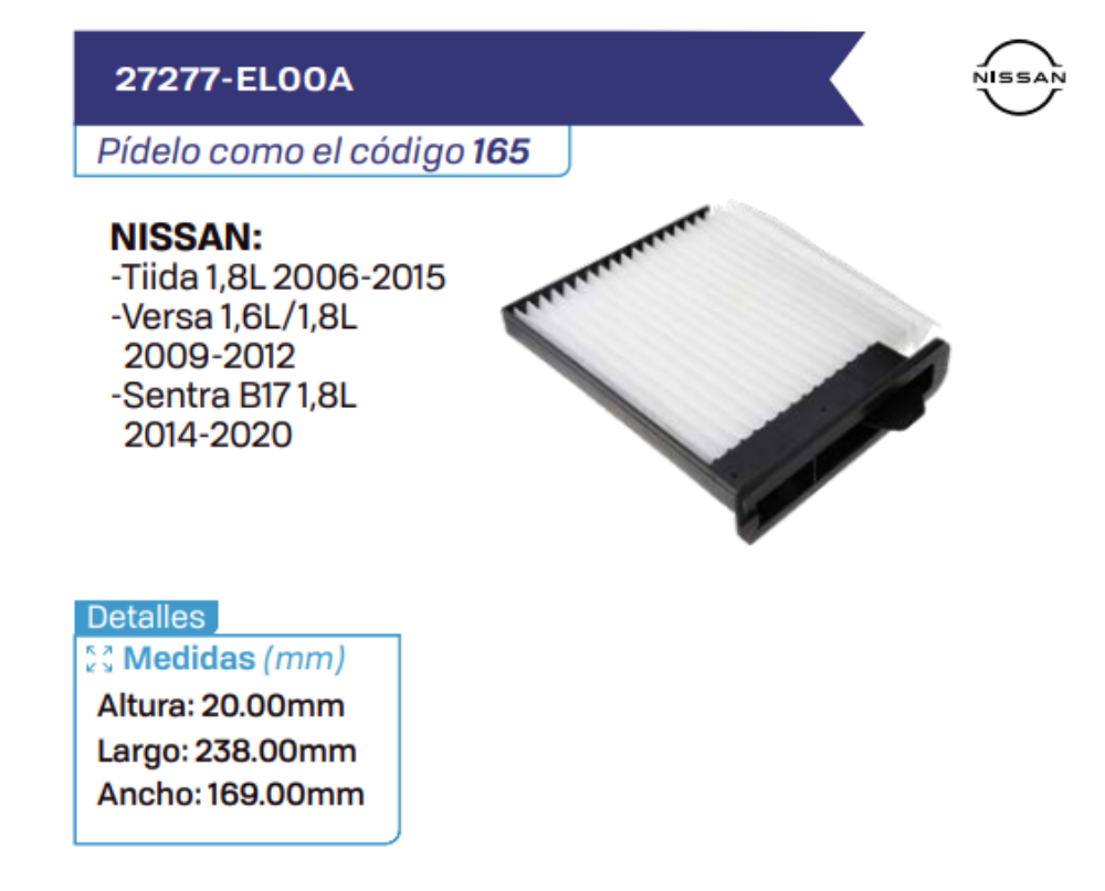 27277-EL00A Filtros de cabina NISSAN