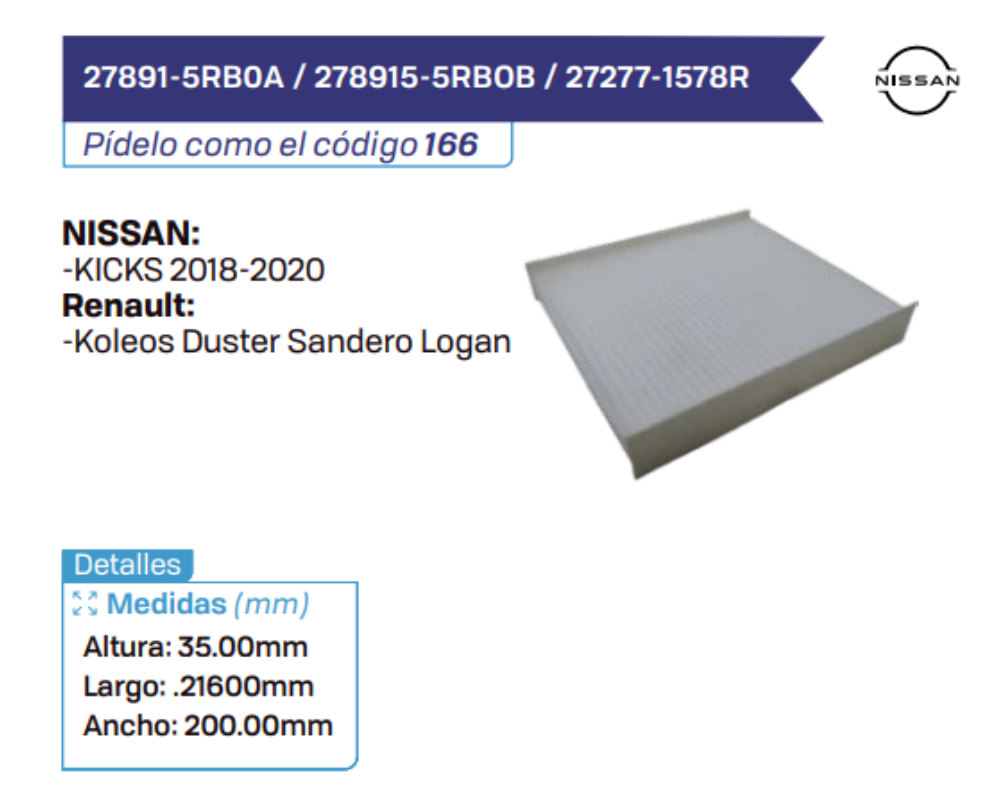 27891-5RB0A _ 278915-5RBOB _ 27277-1578R Filtros de cabina NISSAN - Renault