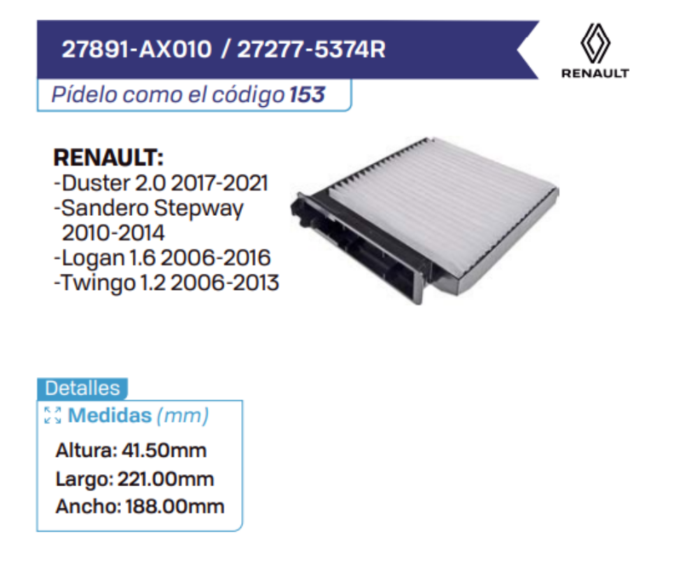27891-AX010 27277-5374R Filtros de cabina RENAULT