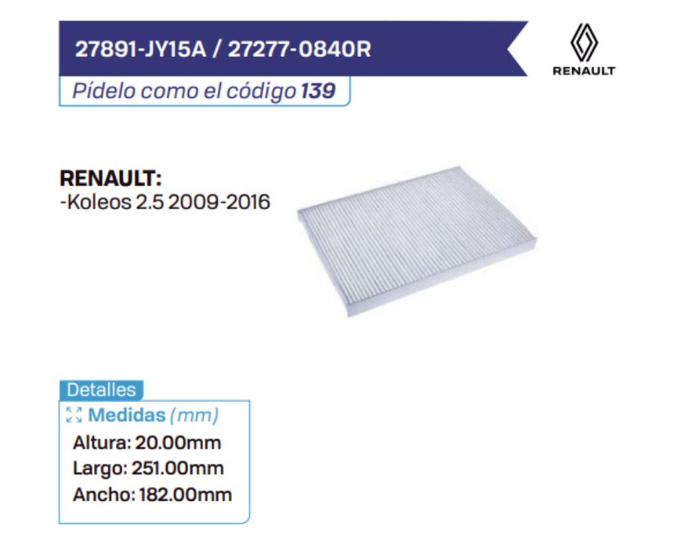 27891-JY15A _ 27277-0840R Filtros de cabina RENAULT
