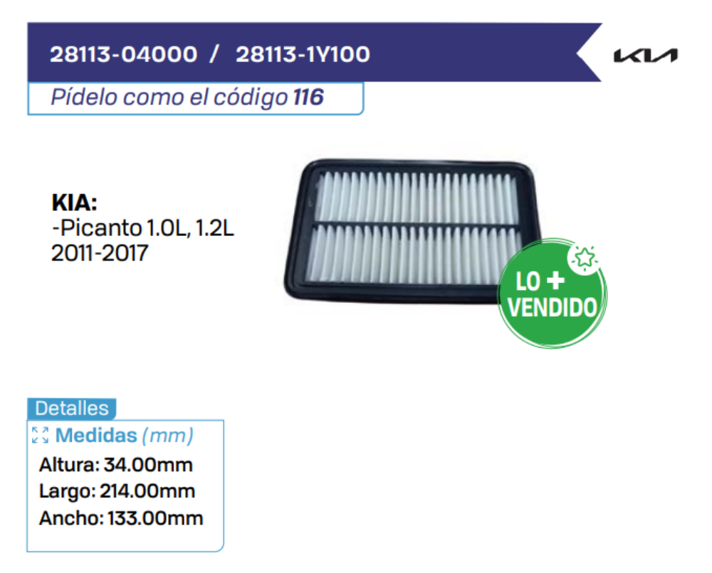 28113-04000 / 28113-1Y100 Filtros de aire KIA - FILCAR