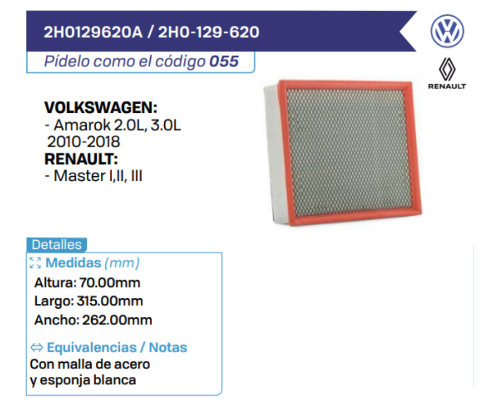 2H0129620A _ 2H0-129-620 Filtros de Aire VOLKSWAGEN - RENAULT