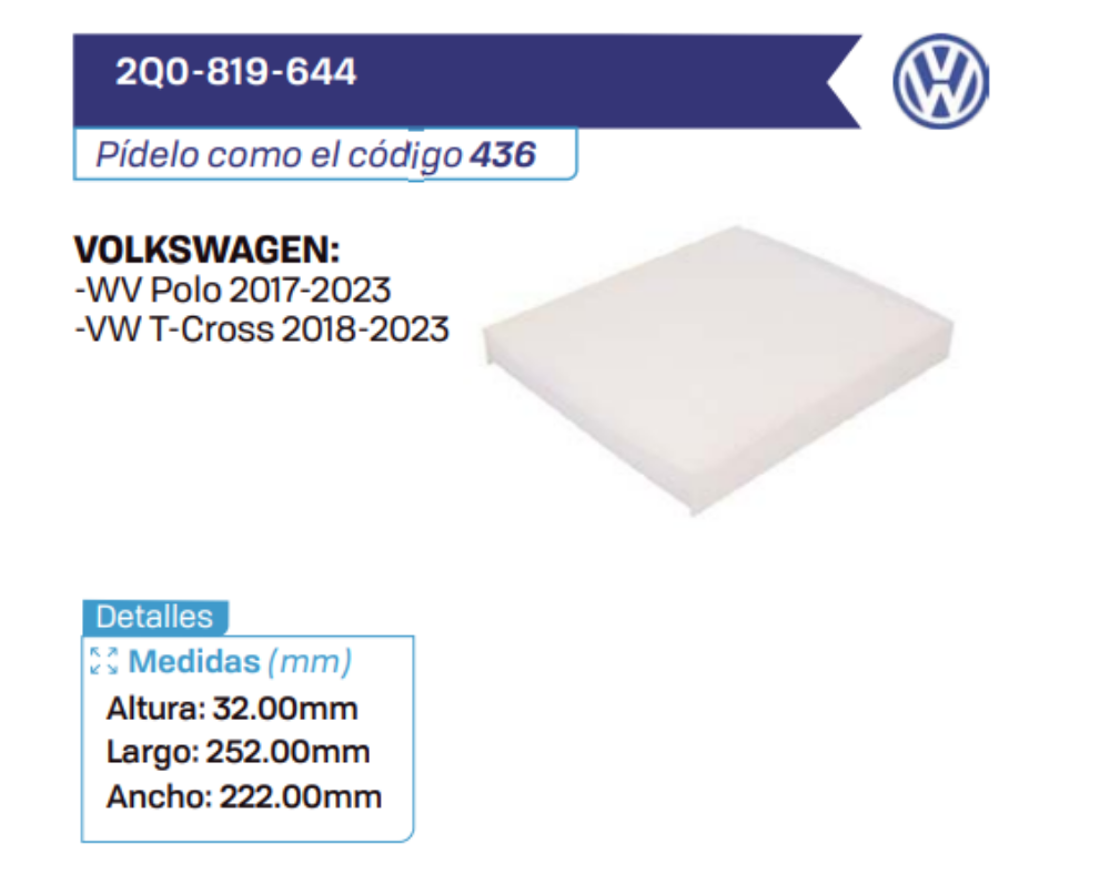 2Q0-819-644 Filtros de cabina VOLKSWAGEN