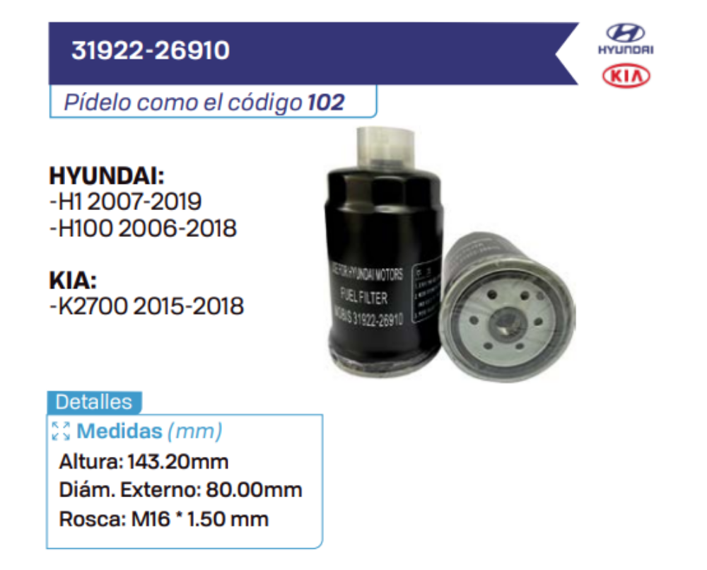 31922-26910 Filtros de petróleo HYUNDAI - KIA