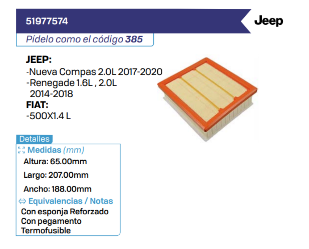 51977574 Filtros de Aire JEEP - FIAT