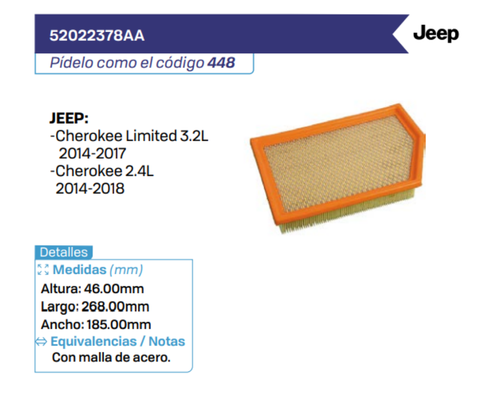 52022378AA Filtros de Aire JEEP