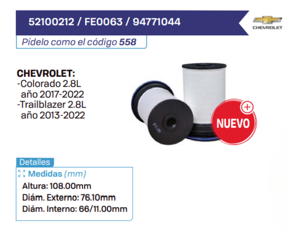 52100212 _ FE0063 _ 94771044 Filtros de petróleo CHEVROLET