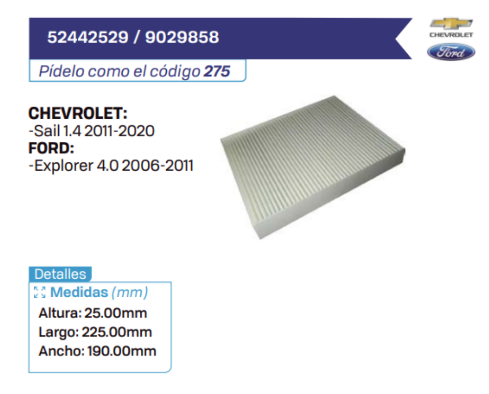 52442529 _ 9029858 Filtros de cabina CHEVROLET - FORD
