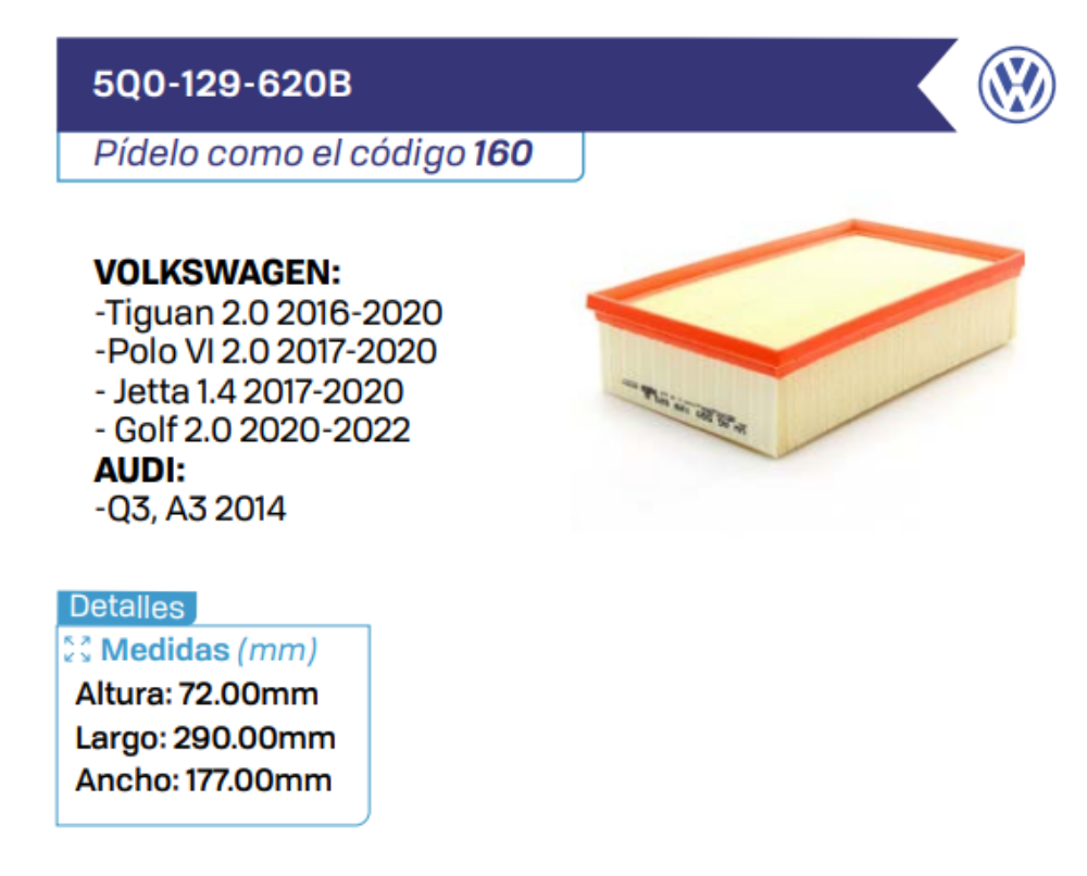 5Q0-129-620B Filtros de Aire VOLKSWAGEN - AUDI