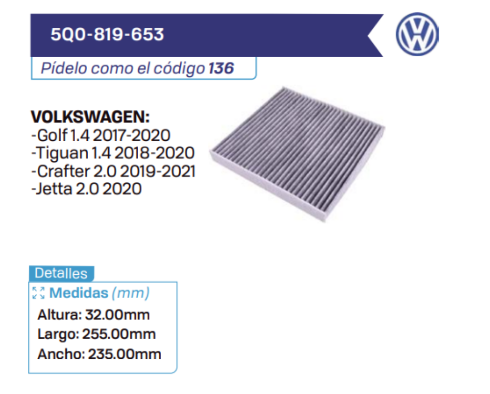 5Q0-819-653 Filtros de cabina VOLKSWAGEN