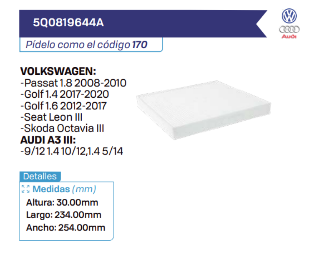 5Q0819644A Filtros de cabina VOLKSWAGEN - AUDI A3 III
