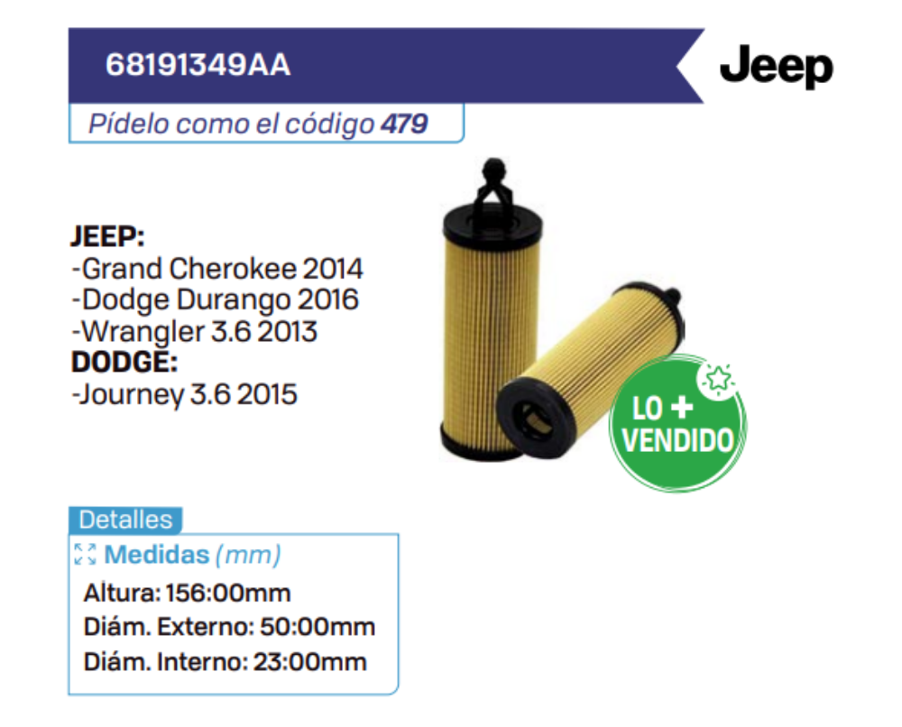 68191349AA Filtros de aceite JEEP - DODGE