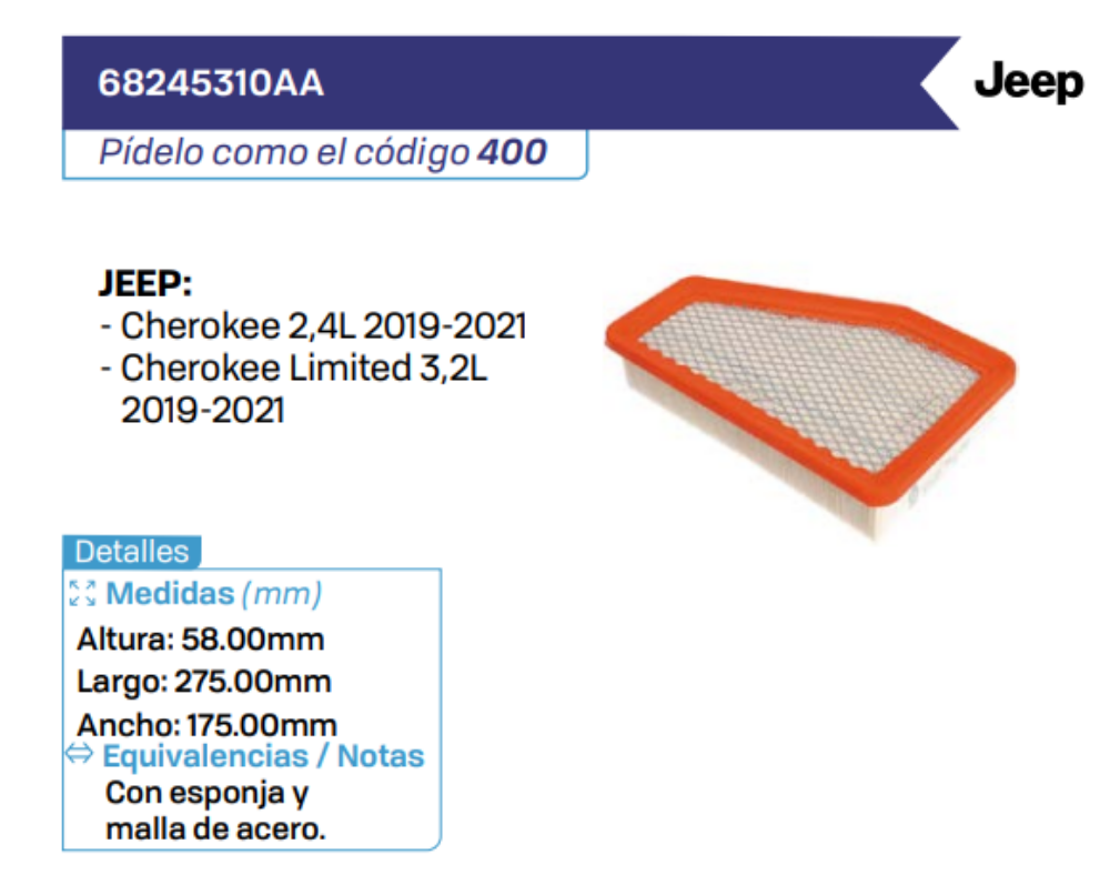 68245310AA Filtros de Aire JEEP