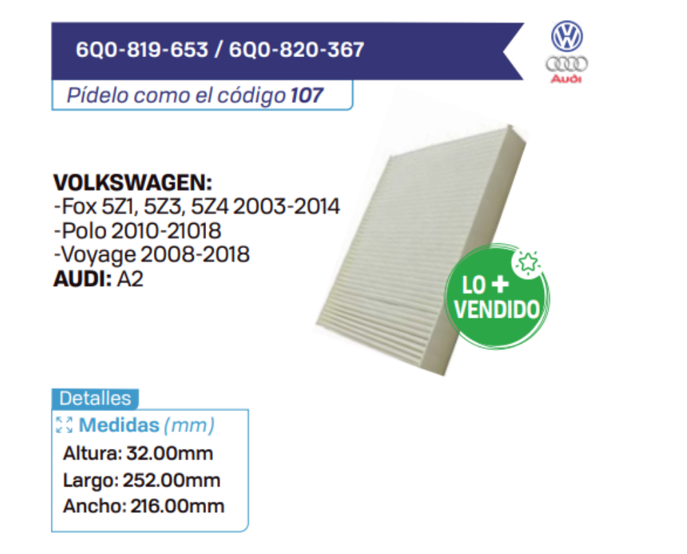6Q0-819-653 _ 6Q0-820-367 Filtros de cabina VOLKSWAGEN - AUDI