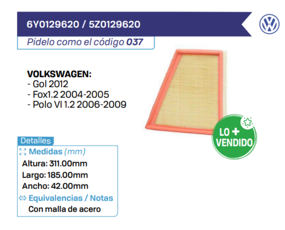 6Y0129620 _ 5Z0129620 Filtros de Aire VOLKSWAGEN