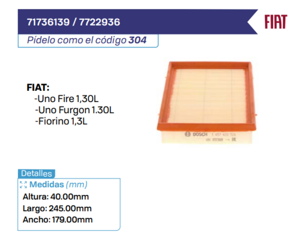 71736139 _ 7722936 Filtros de Aire FIAT