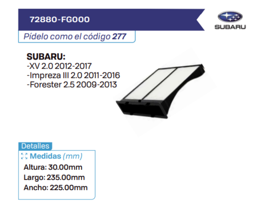 72880-FG000 Filtros de cabina SUBARU