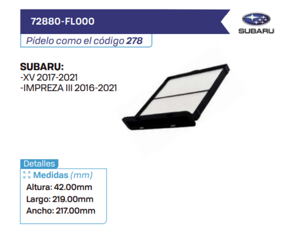 72880-FL000 Filtros de cabina SUBARU