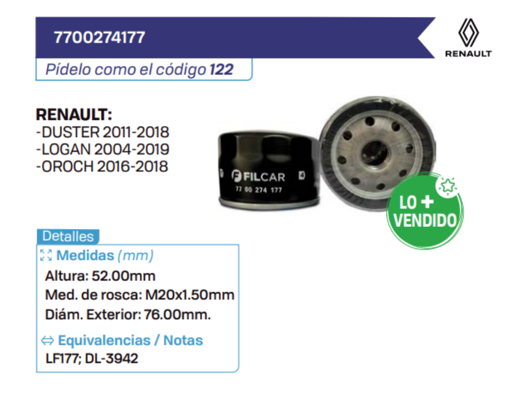 7700274177 Filtros de aceite RENAULT