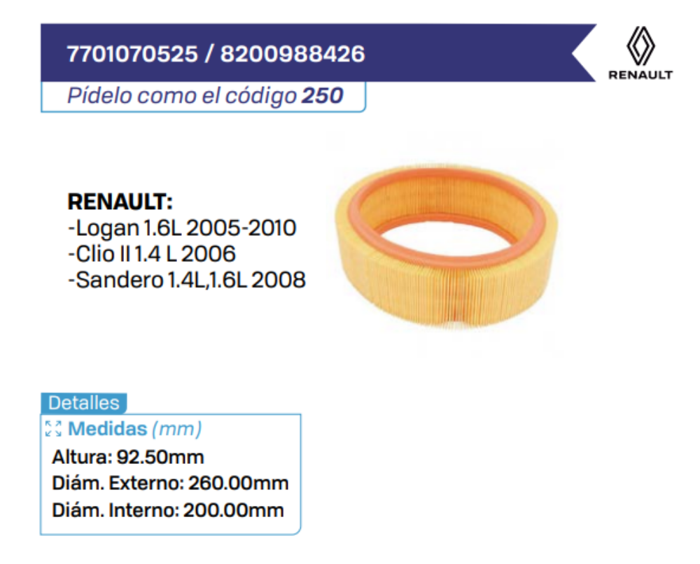 7701070525 _ 8200988426 Filtros de Aire RENAULT