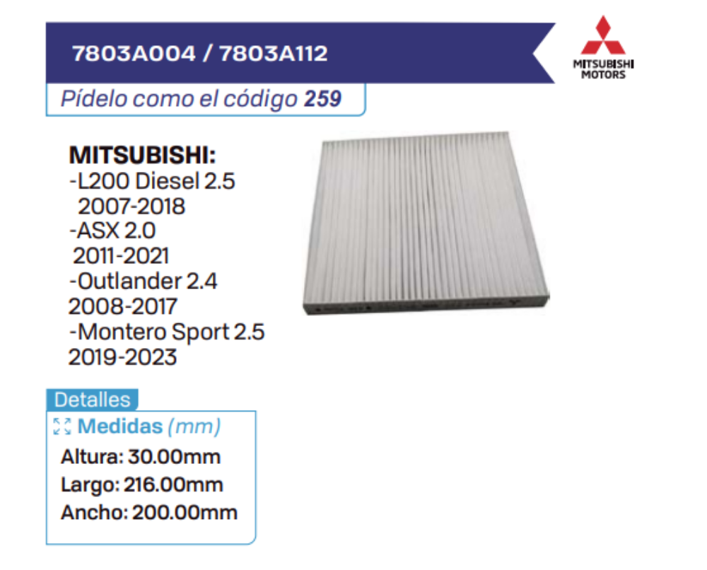 7803A004 _ 7803A112 Filtros de cabina MITSUBISHI