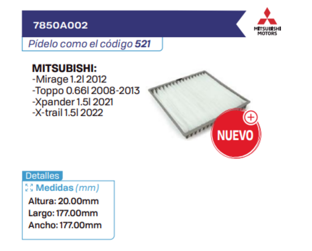7850A002 Filtros de cabina MITSUBISHI