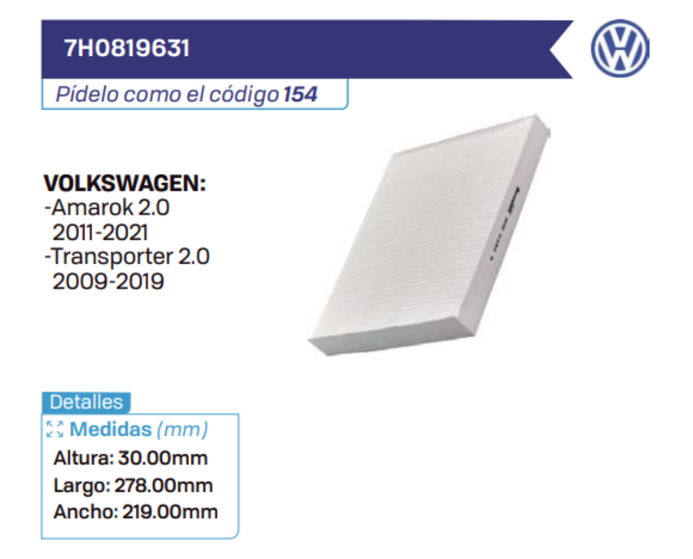 7H0819631 Filtros de cabina VOLKSWAGEN
