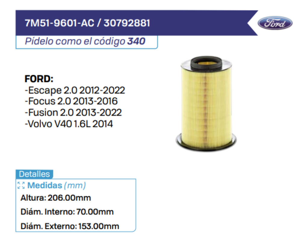 7M51-9601-AC _ 30792881 Filtros de Aire FORD