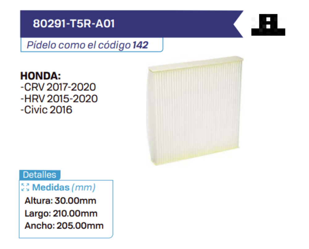 80291-T5R-A01 Filtros de cabina HONDA