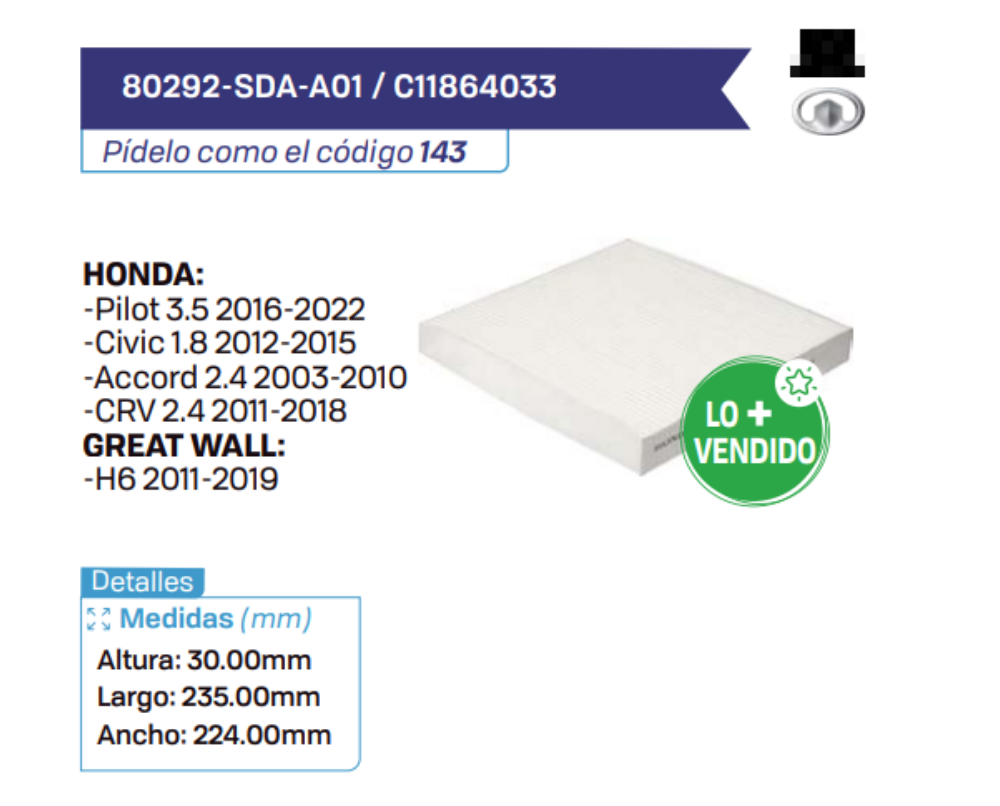 80292-SDA-A01 _ C11864033 Filtros de cabina HONDA - GREAT WALL