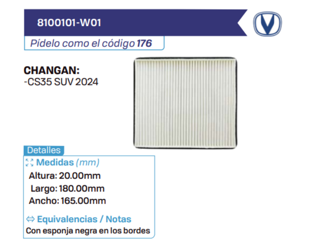 8100101-W01 Filtros de cabina CHANGAN