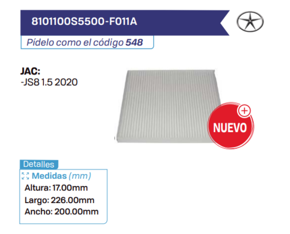 8101100S5500-F011A Filtros de cabina JAC