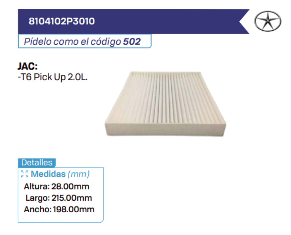 8104102P3010 Filtros de cabina JAC