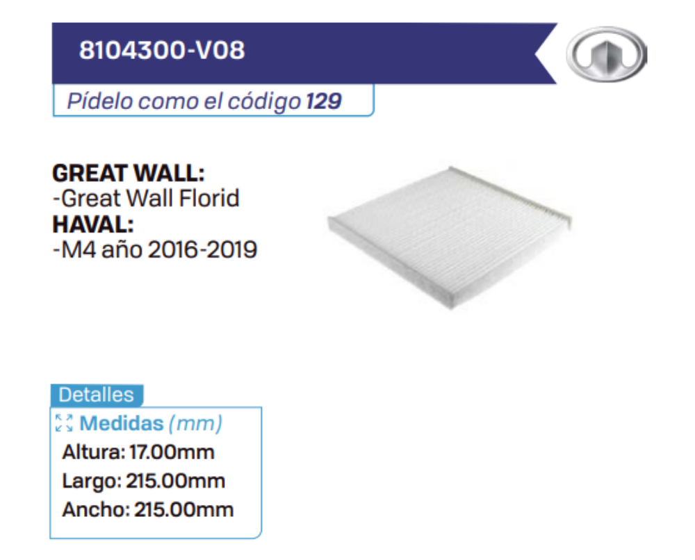 8104300-V08 Filtros de cabina GREAT WALL - HAVAL