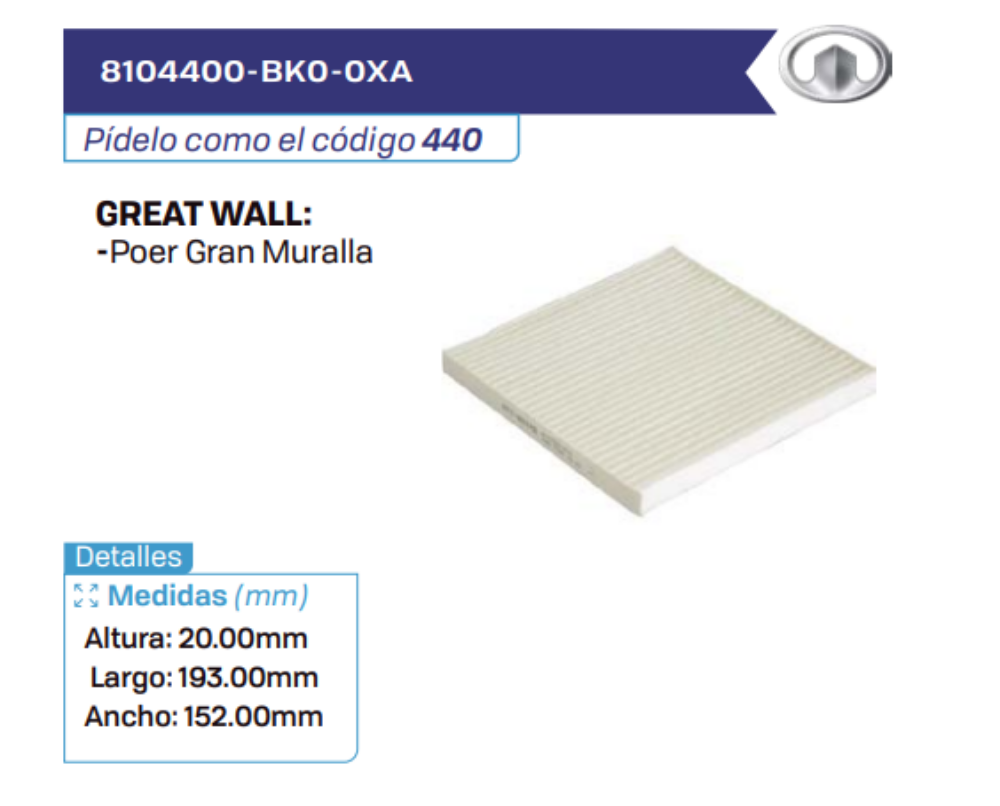 8104400-BK0-0XA Filtros de cabina GREAT WALL