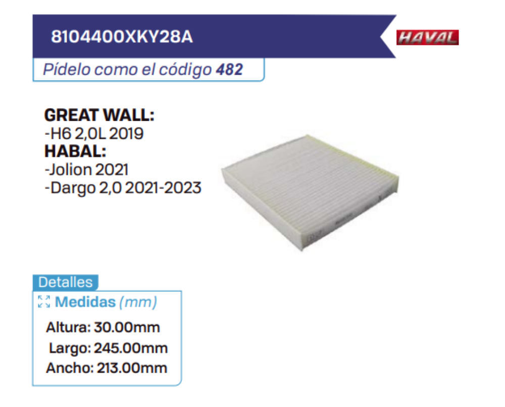 8104400XKY28A Filtros de cabina GREAT WALL - HAVAL