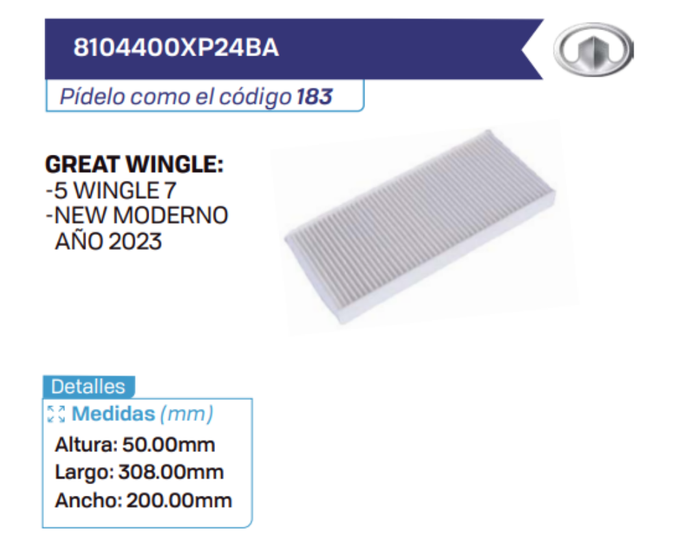 8104400XP24BA Filtros de cabina GREAT WINGLE