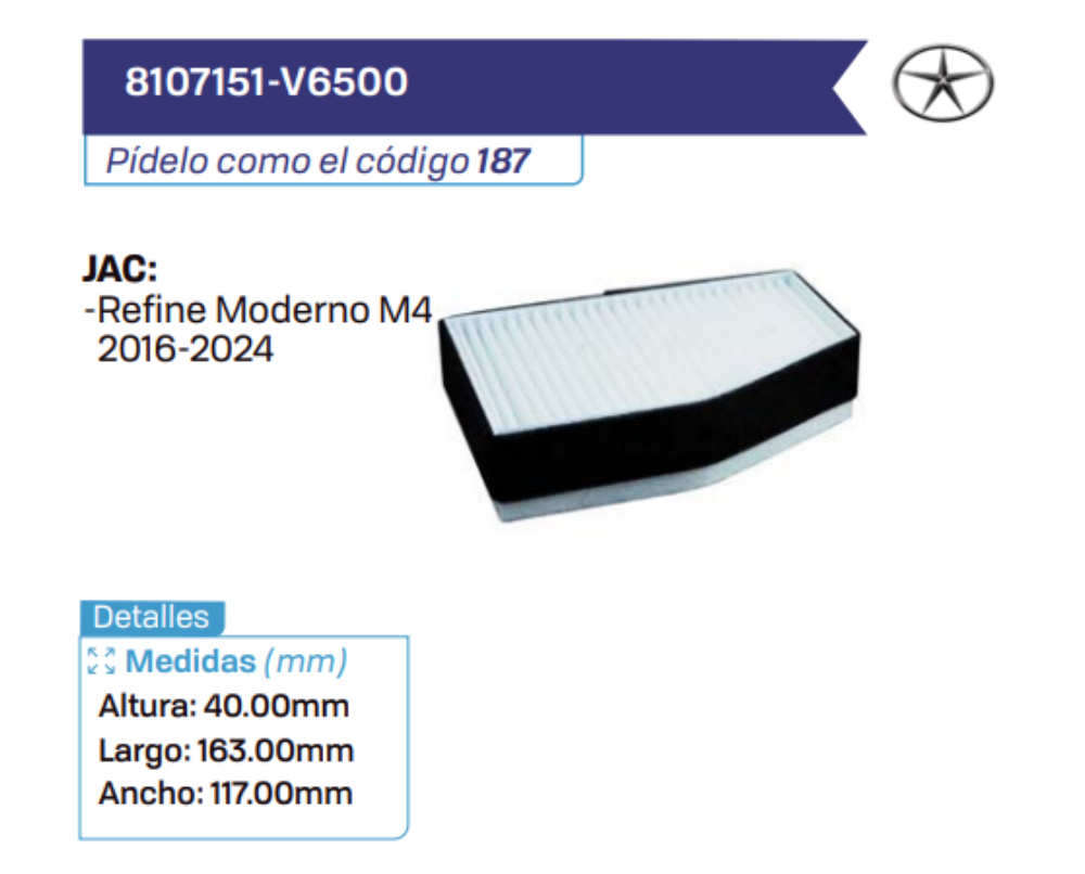 8107151-V6500 Filtros de cabina JAC