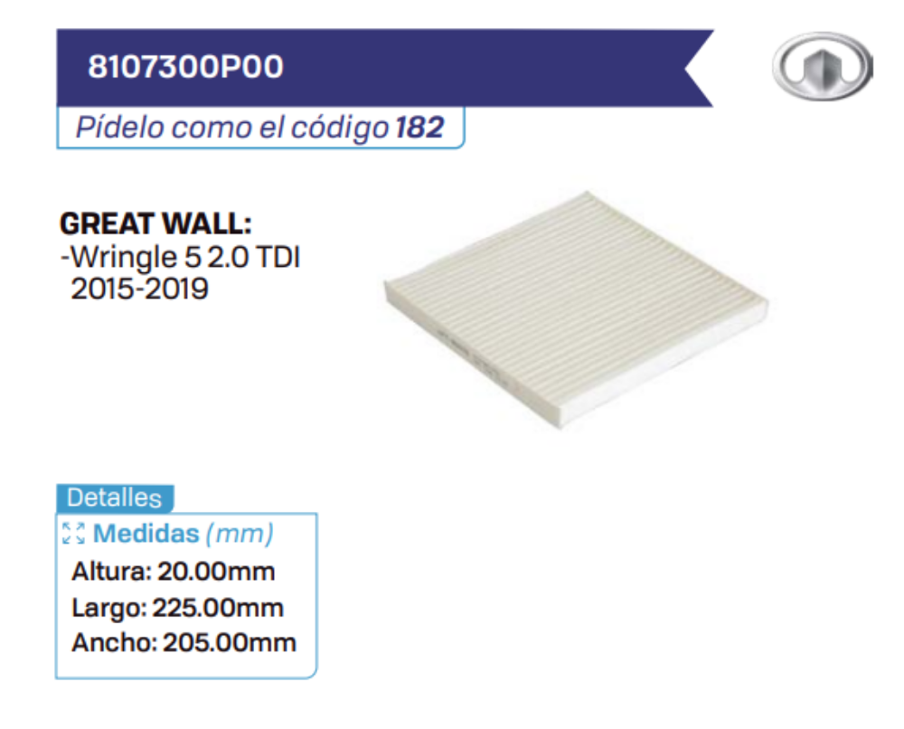 8107300P00 Filtros de cabina GREAT WALL