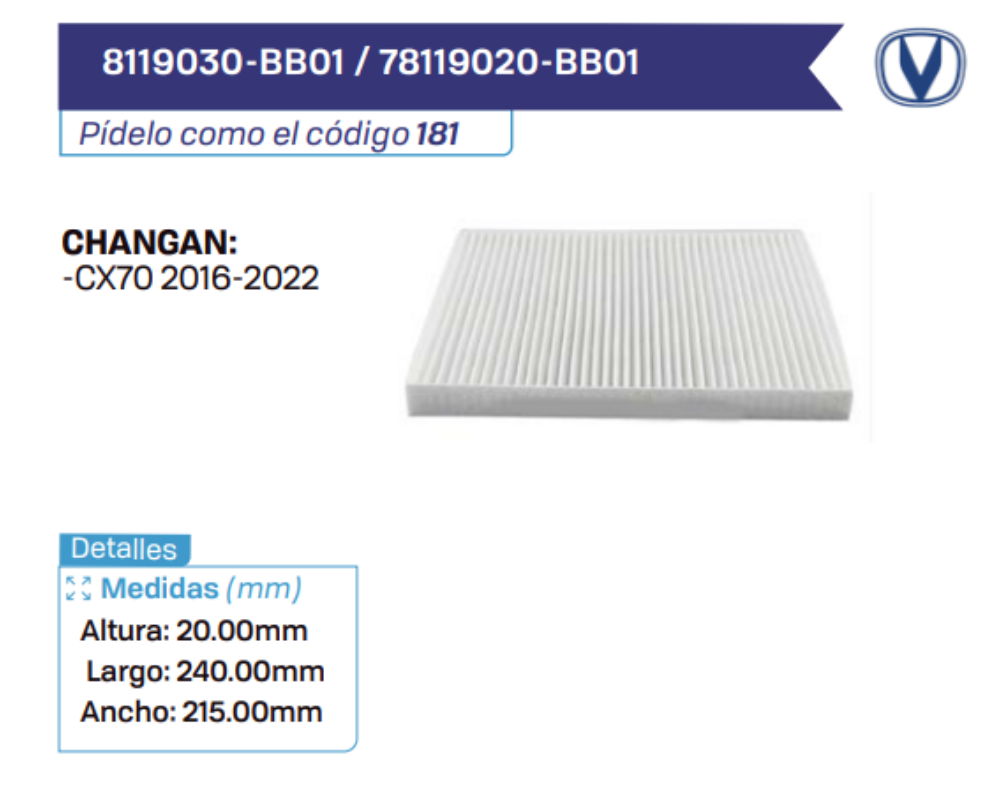 8119030-BB01 _ 78119020-BB01 Filtros de cabina CHANGAN