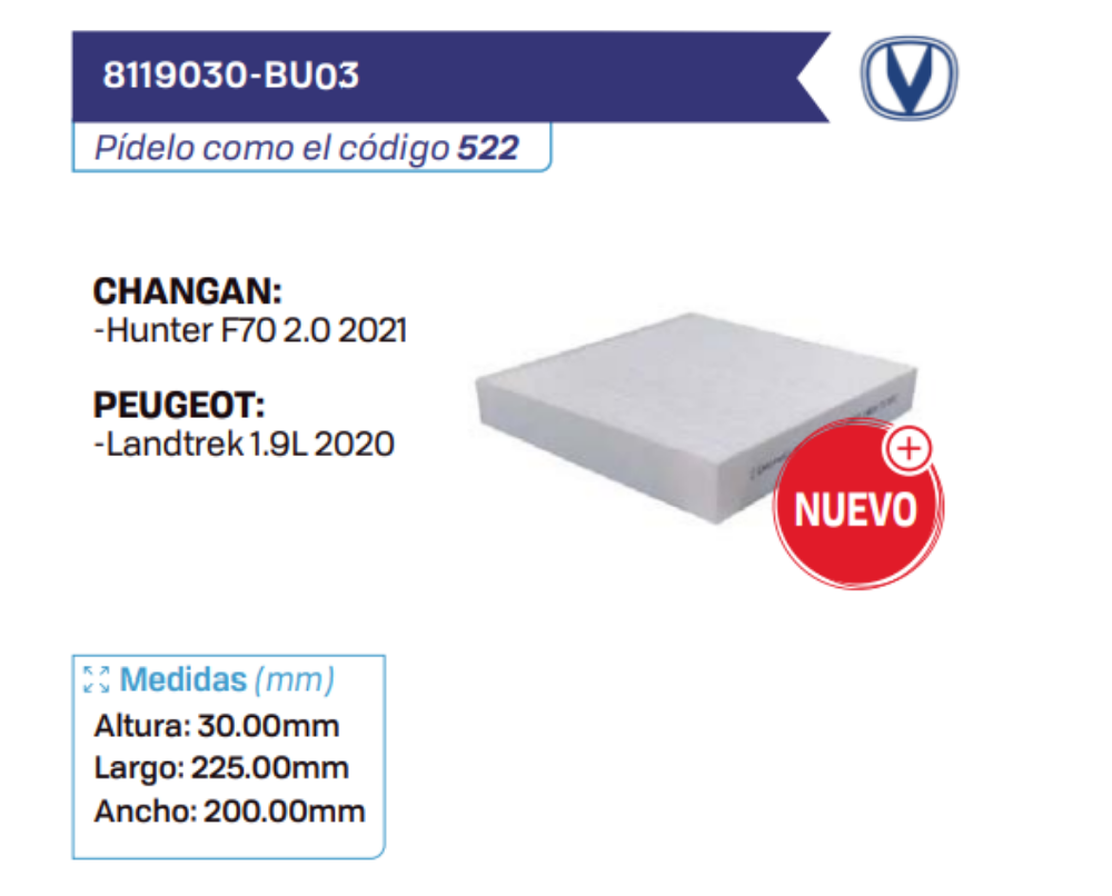 8119030-BU03 Filtros de cabina CHANGAN - PEUGEOT