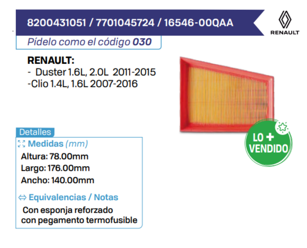 8200431051 _ 7701045724 _ 16546-00QAA Filtros de Aire RENAULT
