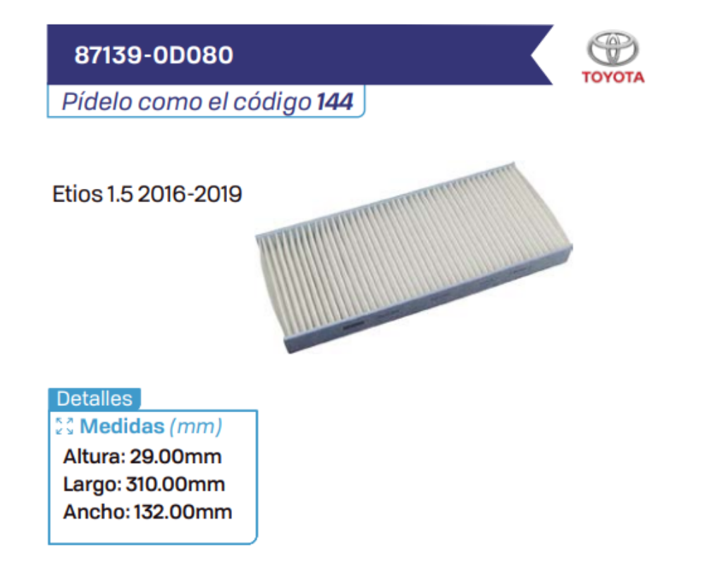 87139-0D080 Filtros de cabina TOYOTA