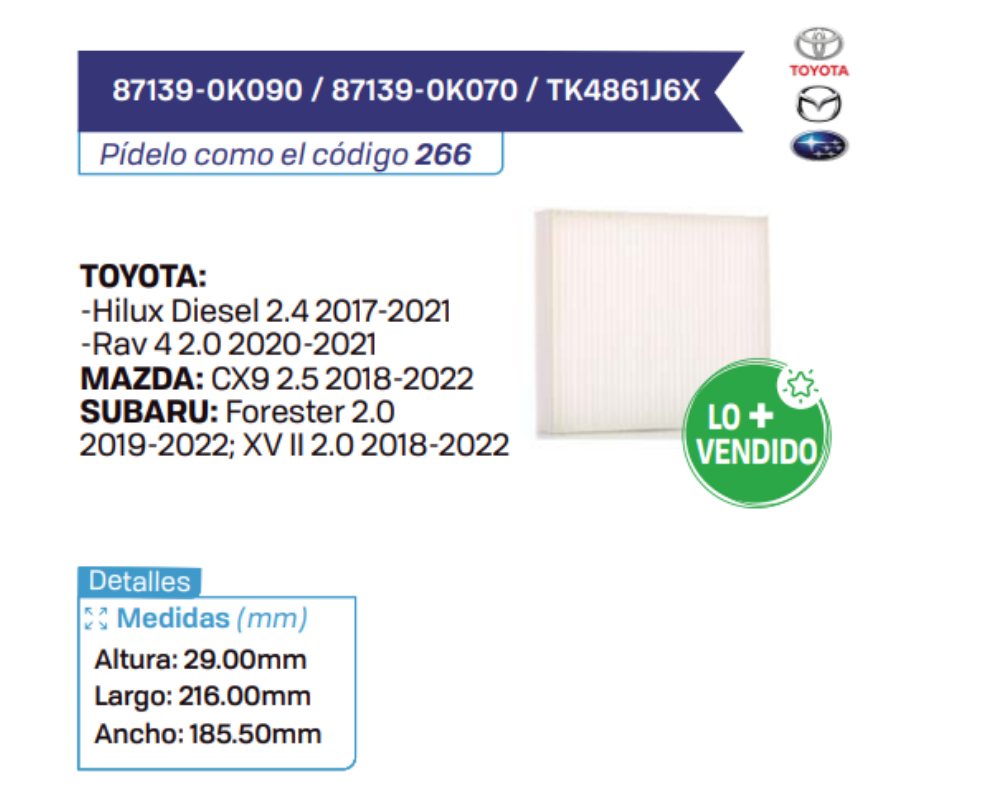 87139-0K090 _ 87139-0K070 _ TK4861J6X Filtros de cabina TOYOTA - MAZDA - SUBARU